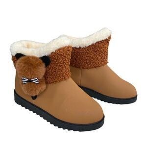 NEW Ankle Boots Brown Pom-Pom Bow Accent Faux Shearling Lined Plush Sz 36